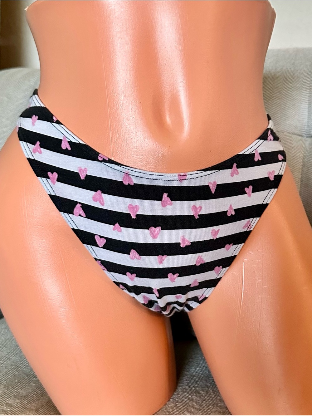 VIctoria Secret High Leg Striped Heart Thong Panty  - Black, White & Pink